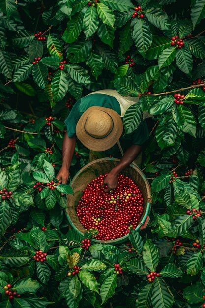 A farmer in a straw hat hand-picking ripe coffee cherries into a woven basket surrounded by green coffee plants
